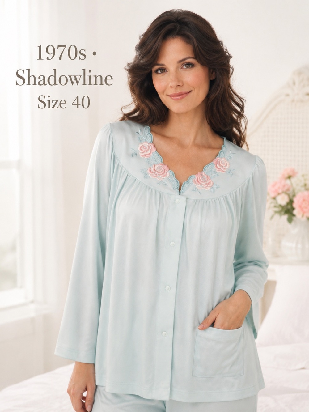 Vintage 1970s Shadowline Mint Embroidered Rose Snap Front Pajama Top Size 40